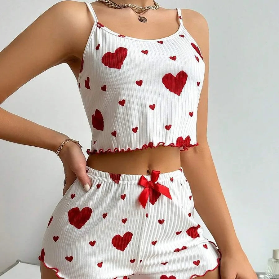 Women’s 2-Piece Heart Print Pajama Set – Sleeveless Crop Top & Shorts, Soft Comfy Summer Sleepwear Loungewear
