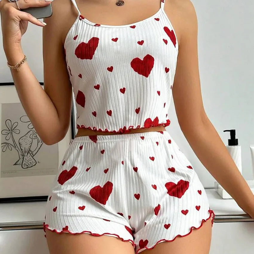 Women’s 2-Piece Heart Print Pajama Set – Sleeveless Crop Top & Shorts, Soft Comfy Summer Sleepwear Loungewear