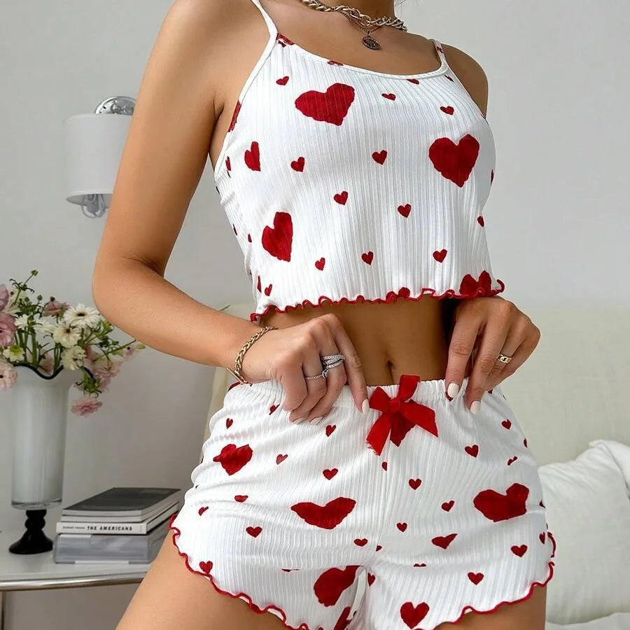 Women’s 2-Piece Heart Print Pajama Set – Sleeveless Crop Top & Shorts, Soft Comfy Summer Sleepwear Loungewear