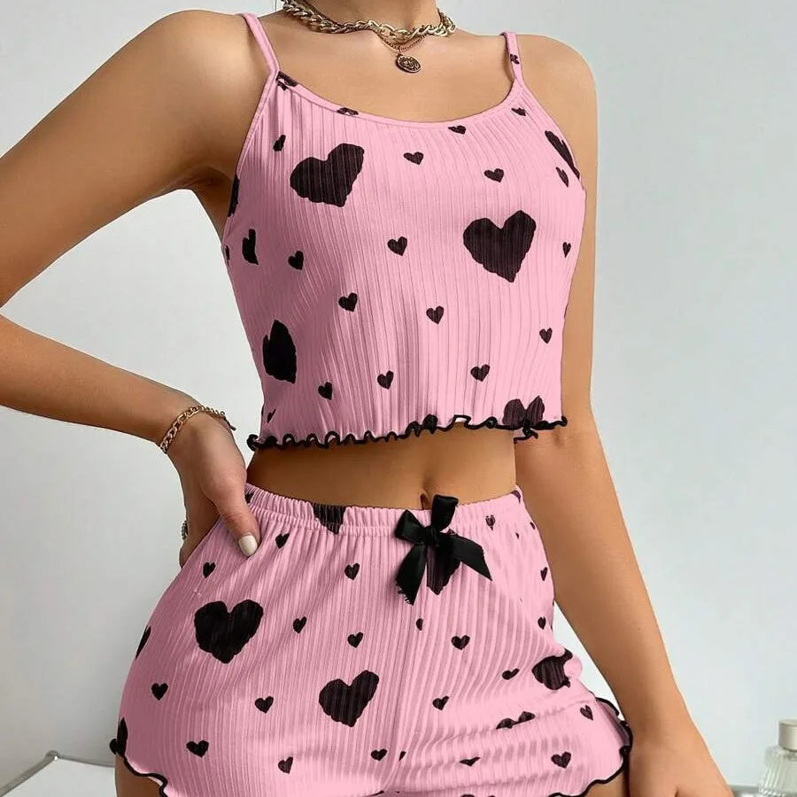 Women’s 2-Piece Heart Print Pajama Set – Sleeveless Crop Top & Shorts, Soft Comfy Summer Sleepwear Loungewear
