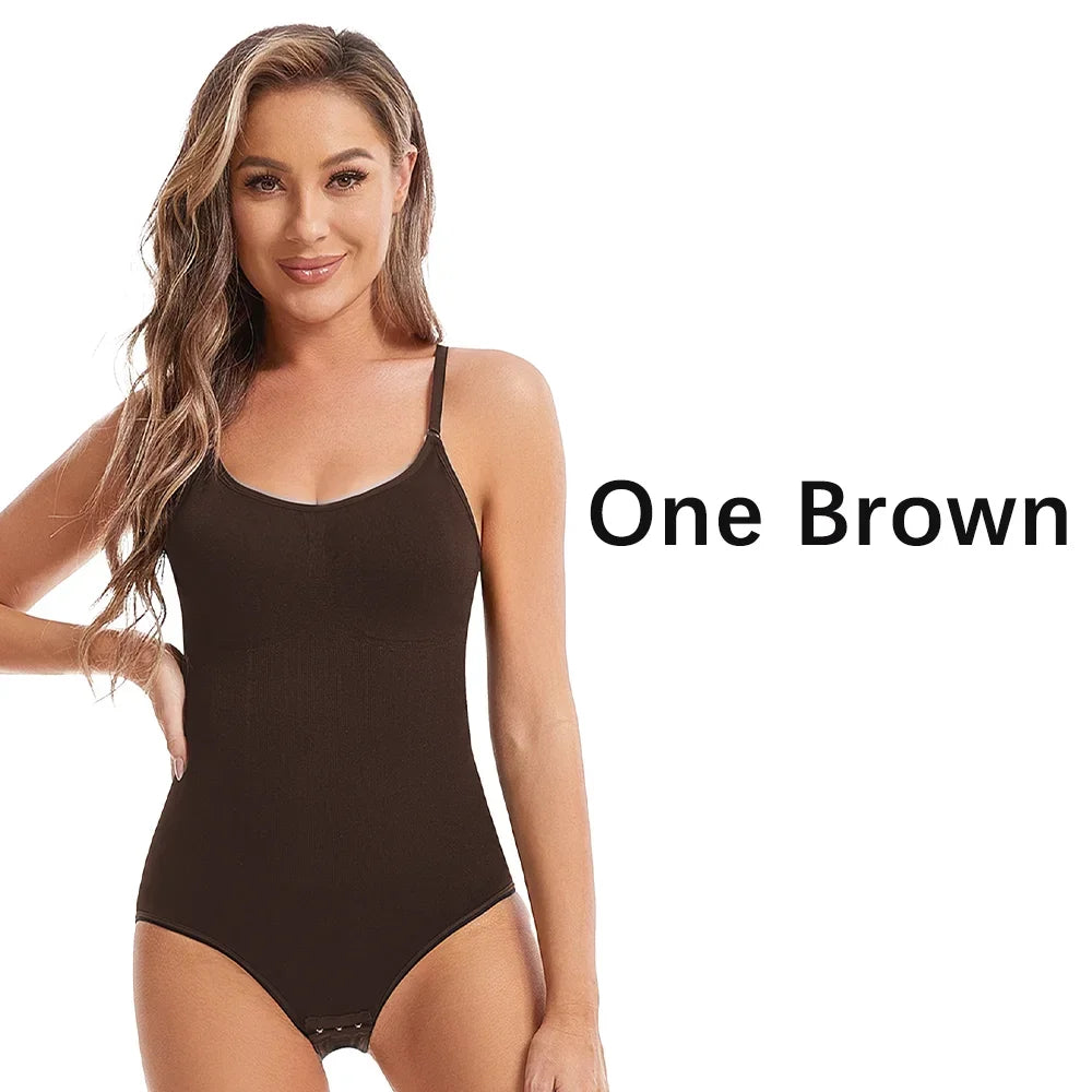 Woman wearing a brown bodysuit with text 'One Brown' on a white background