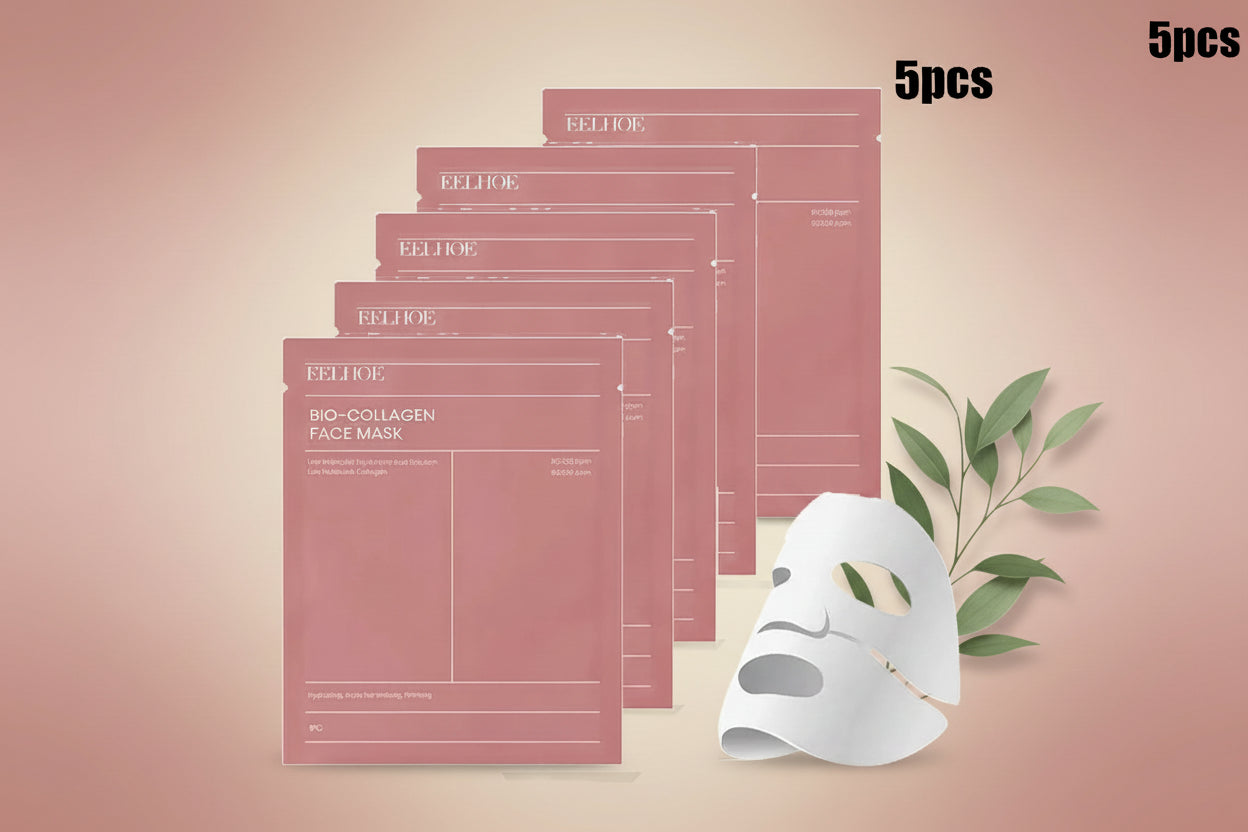 Five bio-collagen face mask packages with a white mask on a white background