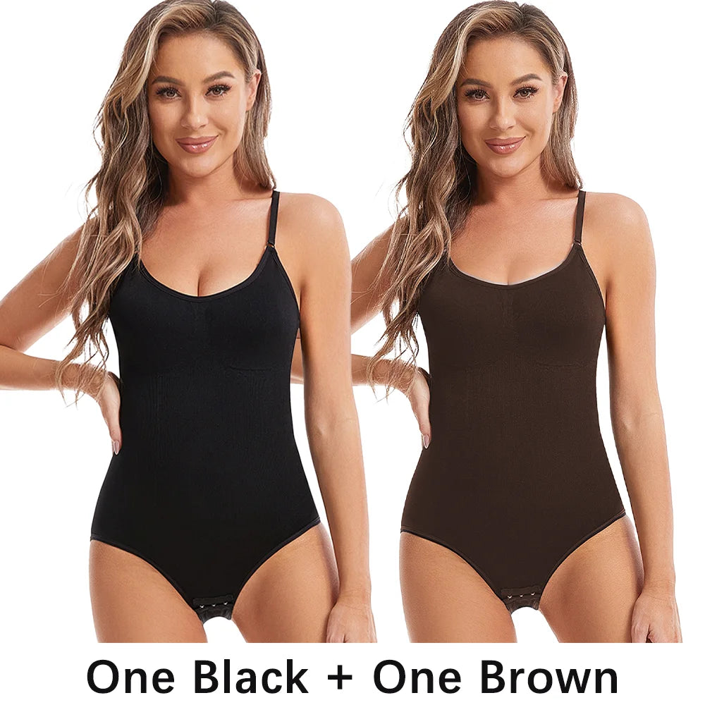 Two women wearing black and brown bodysuits on a white background.