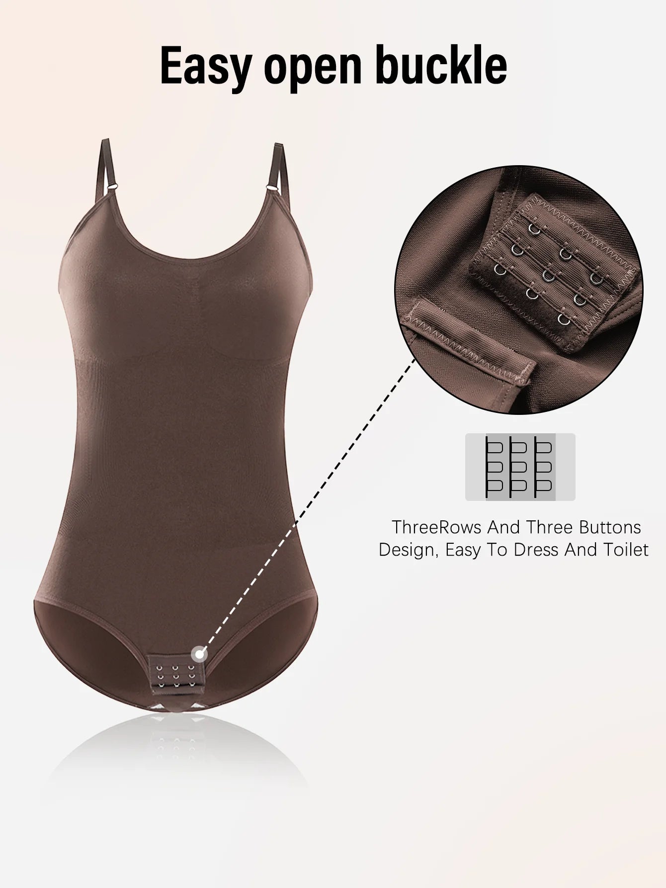 Brown bodysuit with easy open buckle feature on a beige background