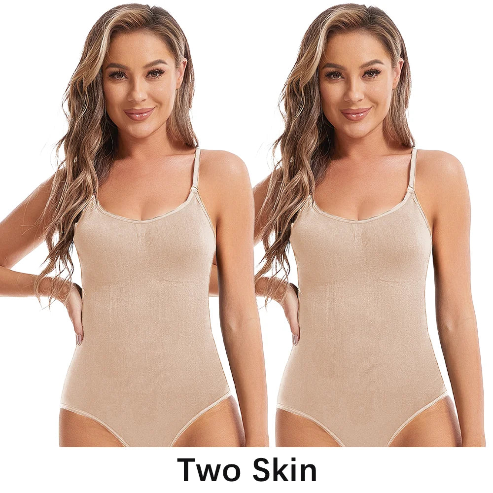 Two images of a woman wearing a beige bodysuit with 'Two Skin' branding.