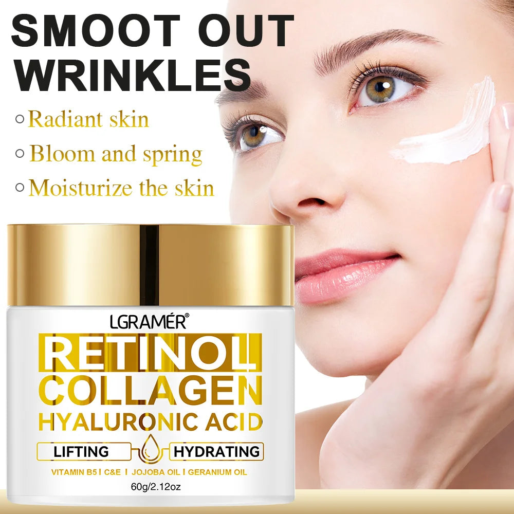 L'Gamer Retinol Collagen Hyaluronic Acid cream with a woman applying it to her face.