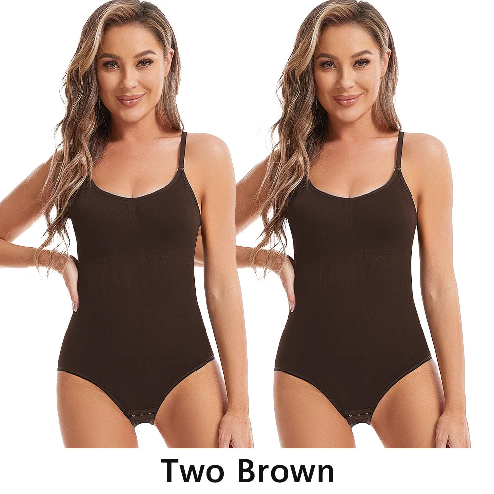 Two identical images of a woman wearing a black bodysuit on a white background.