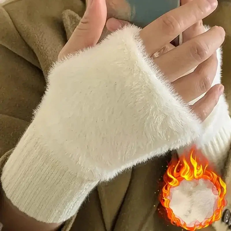 Women's Half-Finger Gloves - Warm Plush Fingerless Gloves for Autumn & Winter