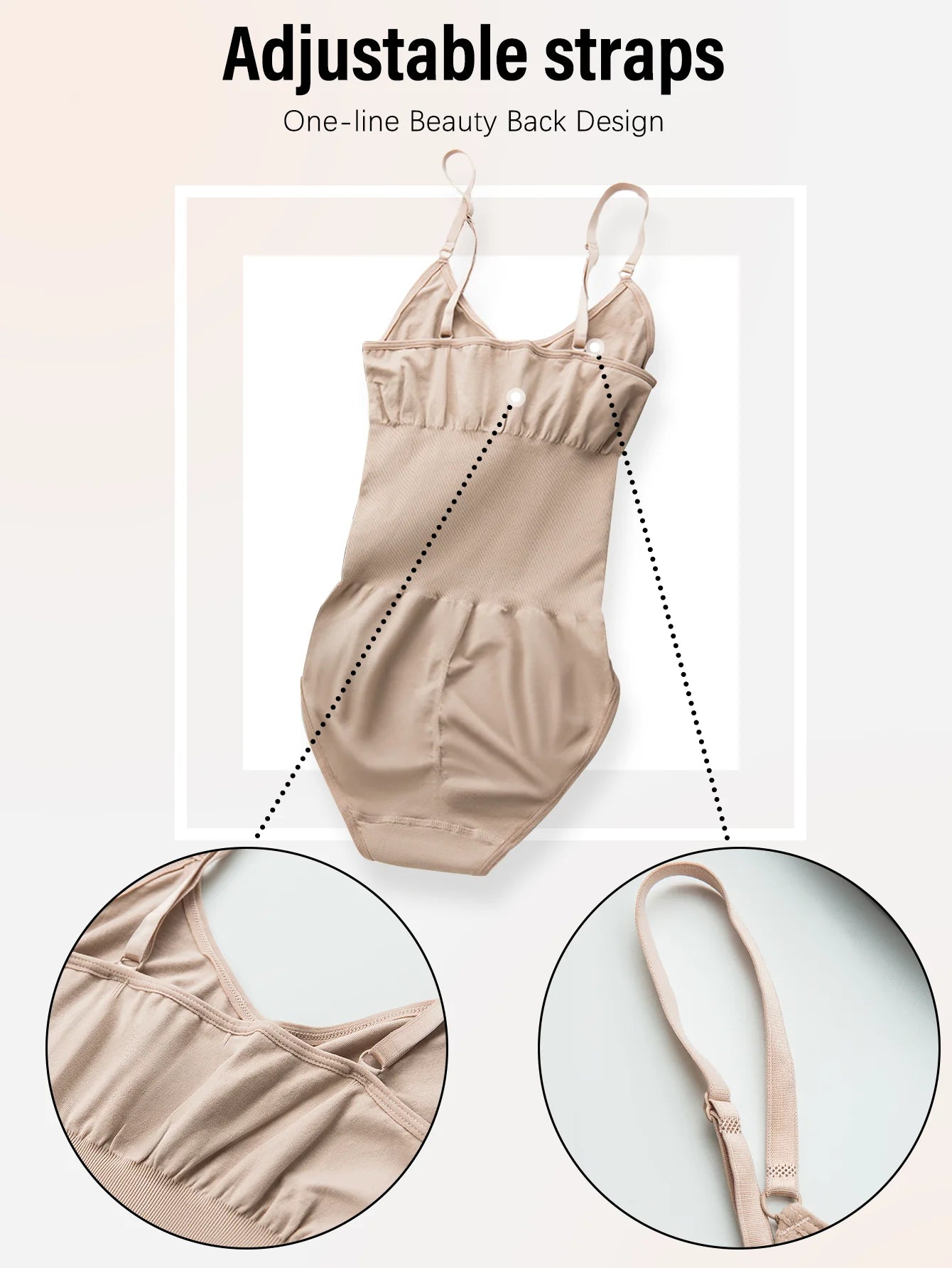 Beige bodysuit with adjustable straps on a white background