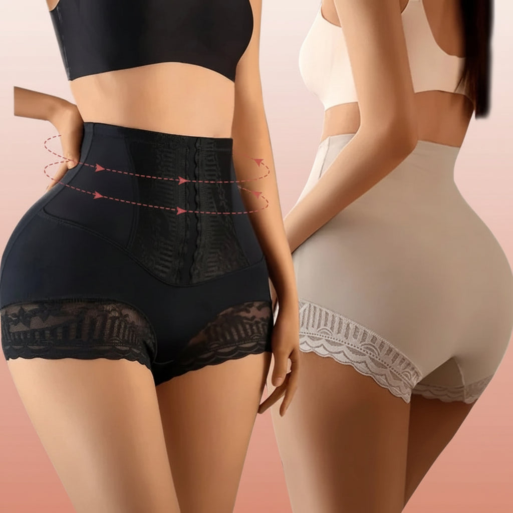 Two pairs of women's underwear, one black and one beige, on a blue background.