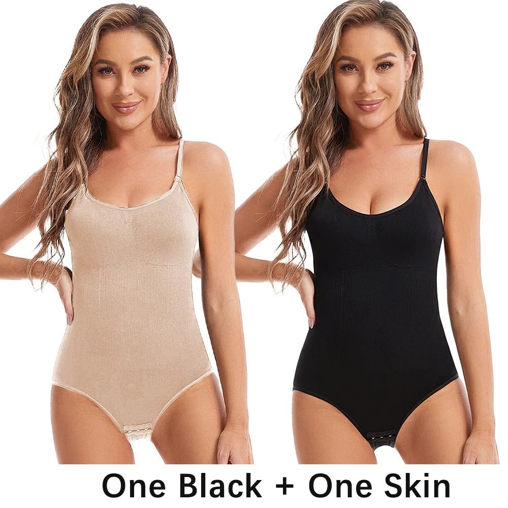 Two women wearing shapewear bodysuits, one black and one beige, on a white background.