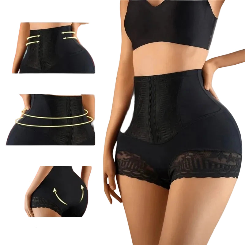 Black shapewear with tummy control, shaping waist, and butt lifting features on a white background.