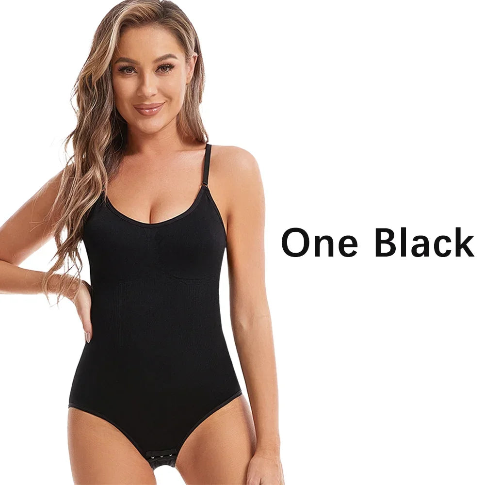 Woman wearing a black bodysuit with text 'One Black' on a white background
