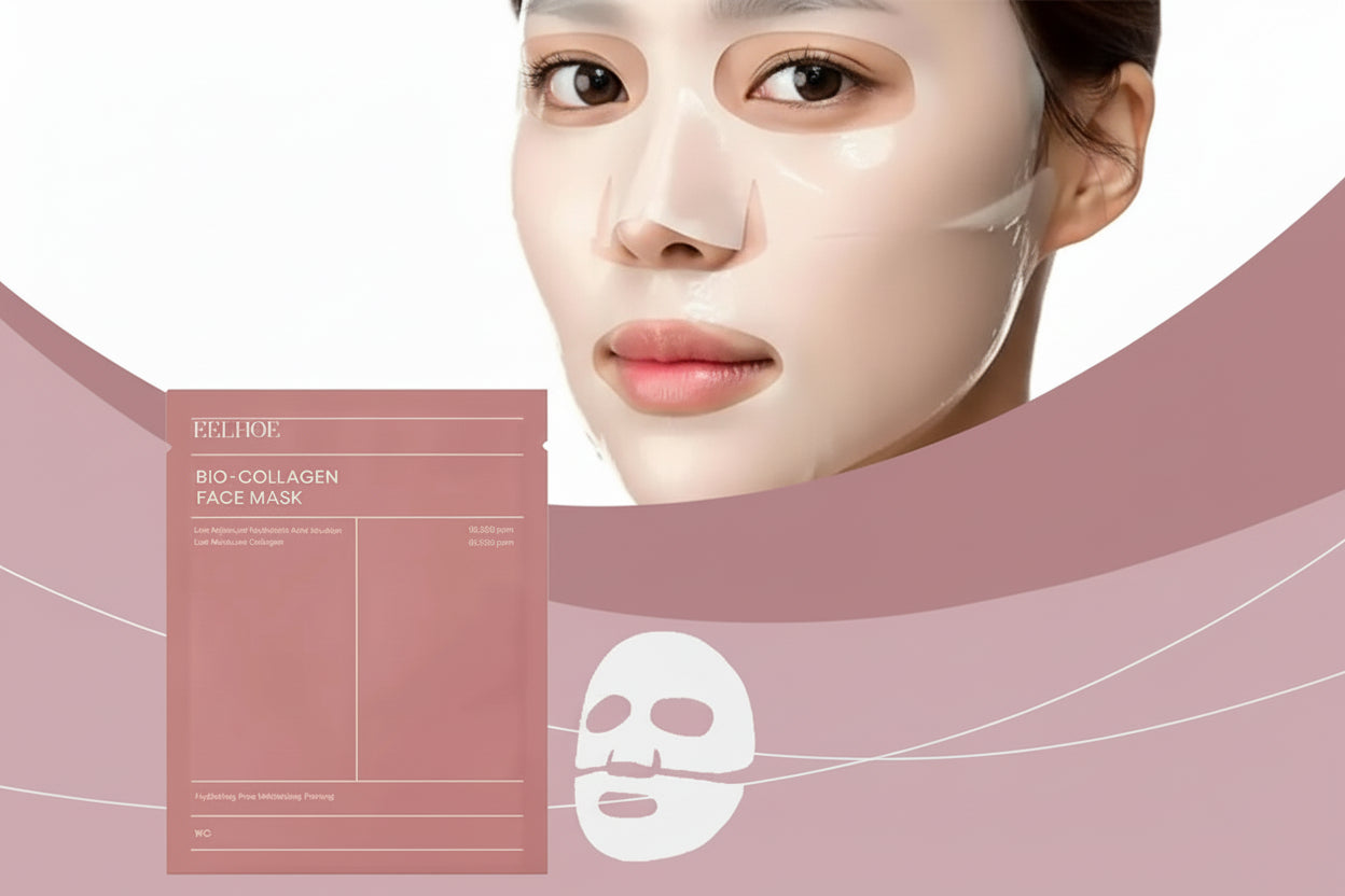 Bio-collagen face mask with packaging on a white background