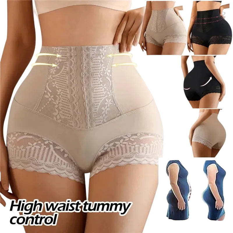 High waist tummy control shapewear with lace details on a white background