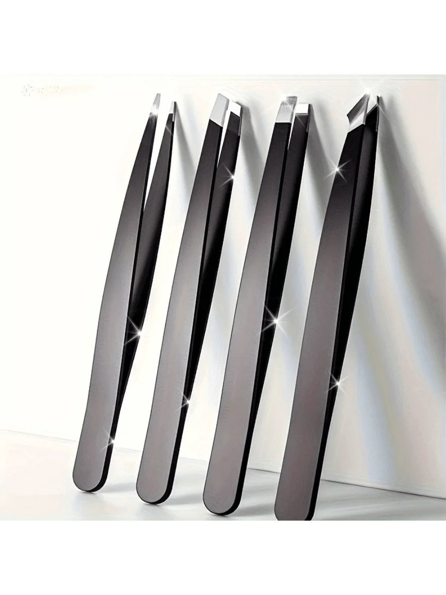 4-piece professional stainless steel eyebrow tweezers set with case