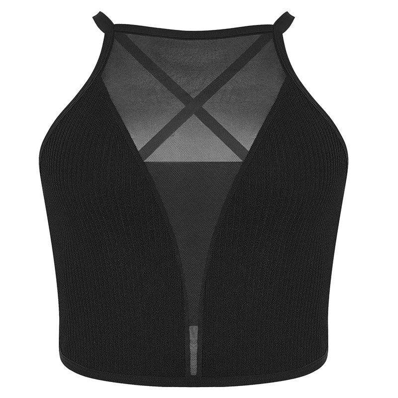Black ribbed crop top with mesh panels on a white background