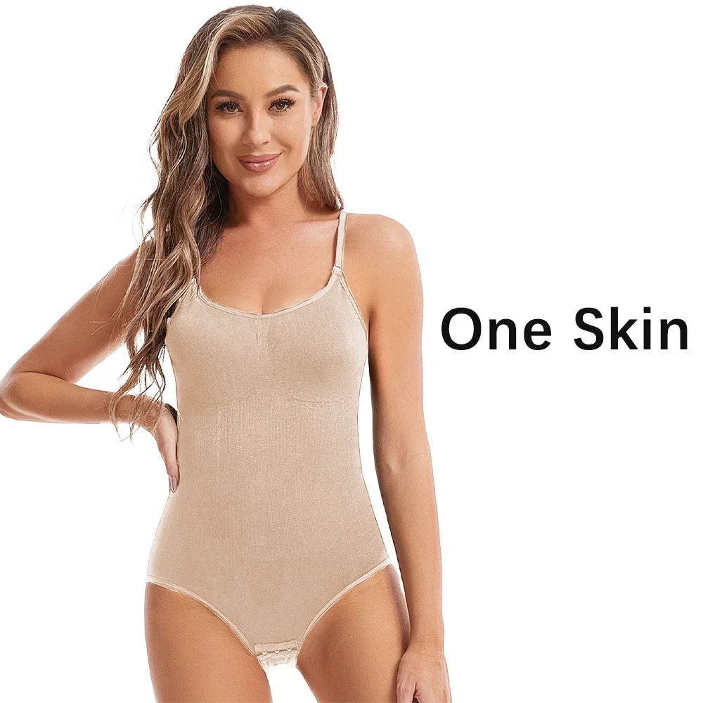 Woman wearing a beige bodysuit with 'One Skin' branding on a white background