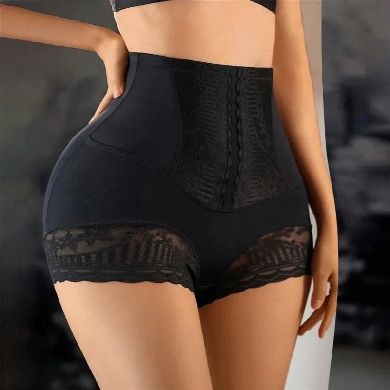 Black high-waisted underwear with lace details on a blurred background