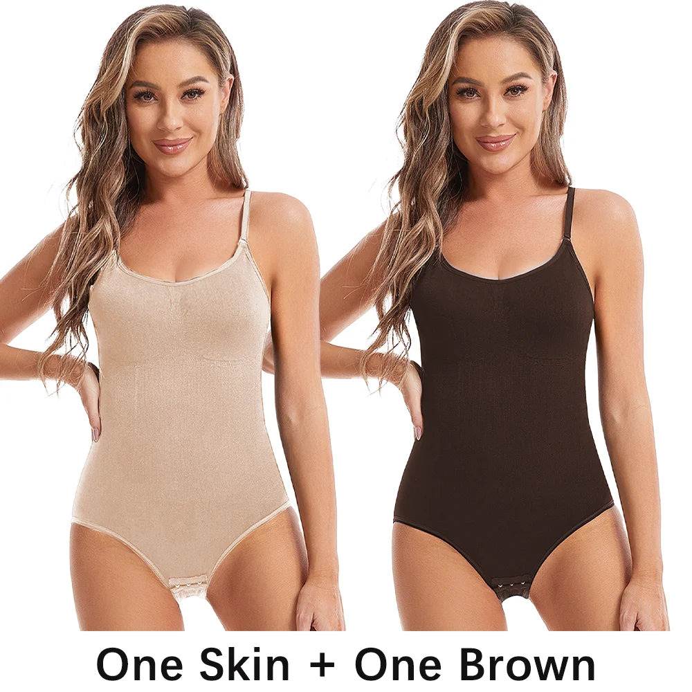 Two women wearing beige and brown bodysuits on a white background.