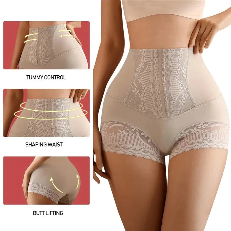 Beige shapewear with lace details on a white background, highlighting tummy control, shaping waist, and butt lifting features.