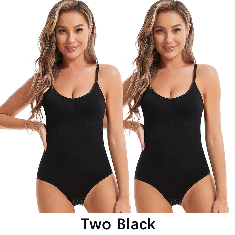 Two identical images of a woman wearing a black bodysuit on a white background.